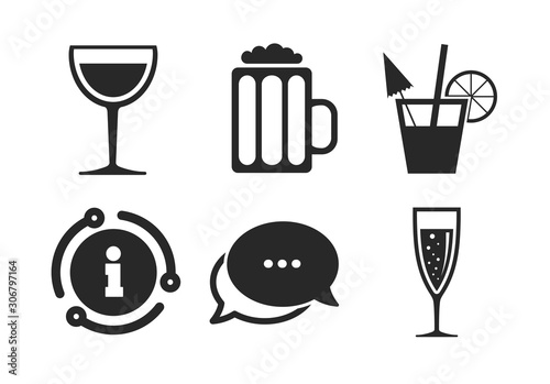 Champagne sparkling wine with bubbles and beer symbols. Chat, info sign. Alcoholic drinks icons. Wine glass and cocktail signs. Classic style speech bubble icon. Vector