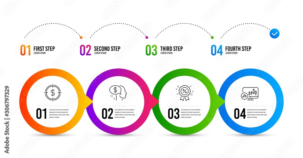 Pay, Dollar target and Discount line icons set. Timeline infographic. Candlestick chart sign. Beggar, Aim with usd, Sale shopping. Report analysis. Finance set. Pay icon. Timeline diagram. Vector