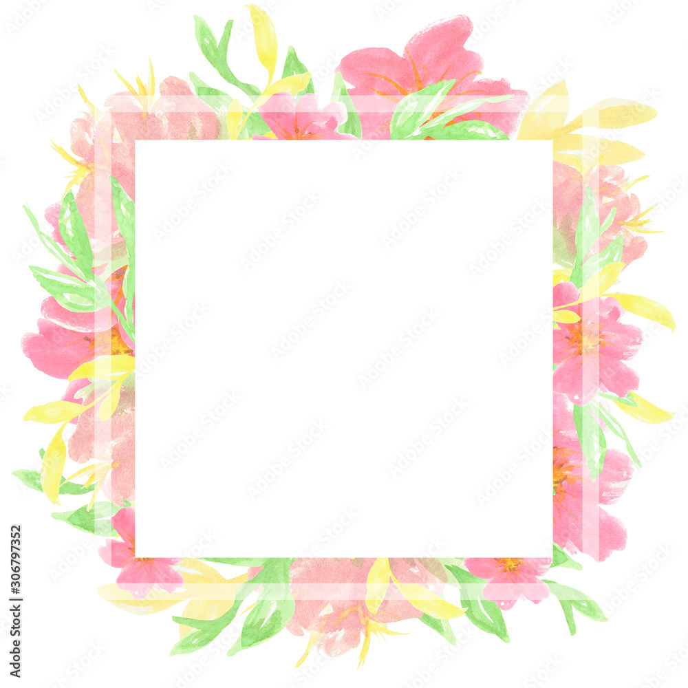 invitation card with red flowers and green leaves drawn with watercolors by hand on a white background, wedding invitation with a square for letters invitation card with red flowers and green leaves drawn with watercolors by hand on a white background, wedding invitation with a square for letters