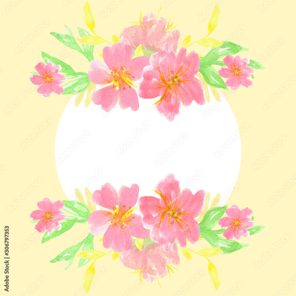 Obraz premium invitation card with bouquets of pink flowers drawn with watercolors by hand, wedding invitation with a blank circle for letters