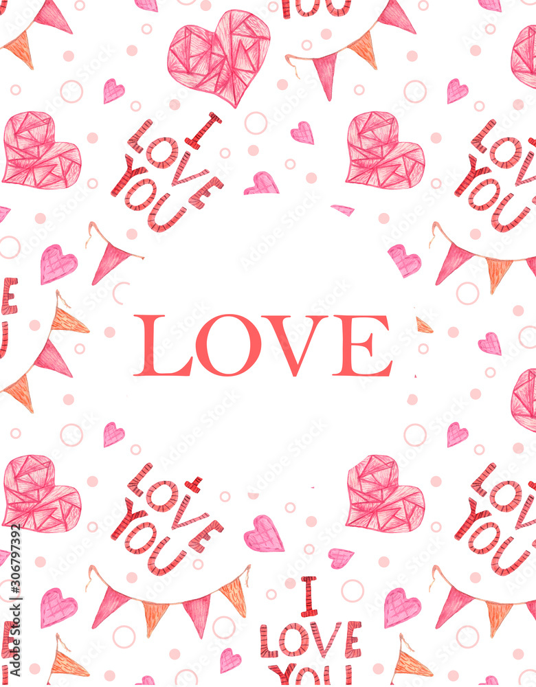 Card with pink hearts drawn by hand with watercolors on a white background, card with the word love in pink for Valentine's day