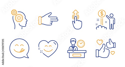 Swipe up, Thoughts and Yummy smile line icons set. Income money, Click hand and Smile chat signs. Presentation time, Like symbols. Touch technology, Business work. People set. Vector
