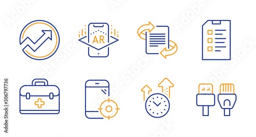 Audit, First aid and Checklist line icons set. Augmented reality, Time management and Marketing signs. Seo phone, Computer cables symbols. Arrow graph, Medicine case. Science set. Vector