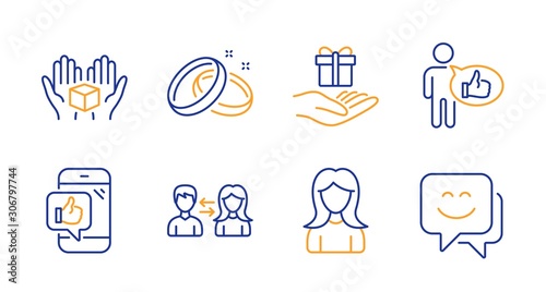 Woman, Wedding rings and People communication line icons set. Like, Mobile like and Hold box signs. Loyalty program, Smile face symbols. Girl profile, Love. People set. Line woman icon. Vector