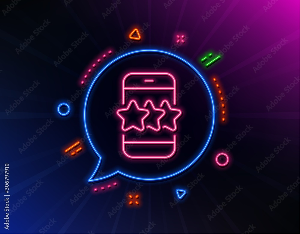 Star line icon. Neon laser lights. Feedback rating phone sign. Customer satisfaction symbol. Glow laser speech bubble. Neon lights chat bubble. Banner badge with star icon. Vector