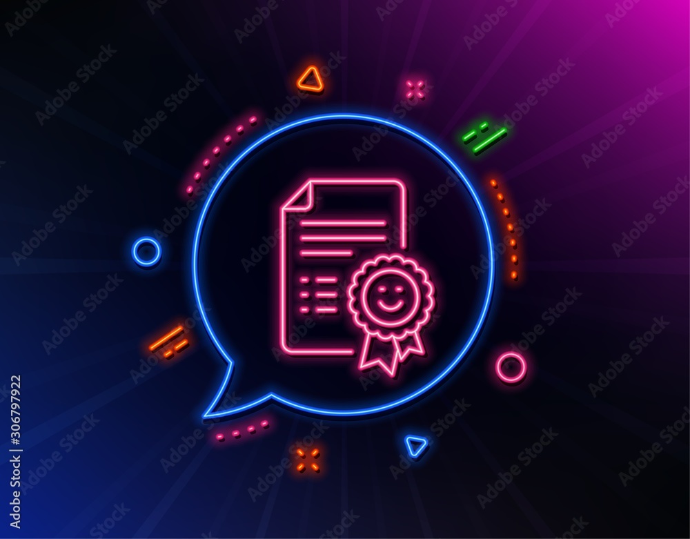 Smile award line icon. Neon laser lights. Positive feedback rating sign. Customer satisfaction symbol. Glow laser speech bubble. Neon lights chat bubble. Banner badge with smile icon. Vector