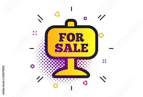 For sale sign icon. Halftone dots pattern. Real estate selling. Classic flat for sale icon. Vector