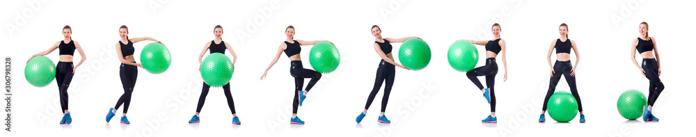 Young woman with ball exercising on white Young woman with ball exercising on white