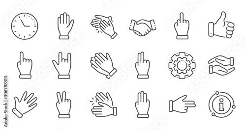 Hand gestures line icons. Handshake, Clapping hands, Victory. Horns, Thumb up finger, drag and drop icons. Donation hand gestures, middle finger, helping hand. Linear set. Quality line set. Vector
