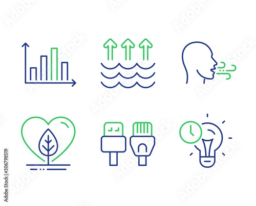 Breathing exercise, Evaporation and Computer cables line icons set. Local grown, Diagram graph and Time management signs. Breath, Global warming, Rj45 internet. Organic tested. Science set. Vector