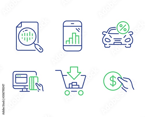 Shopping, Car leasing and Online payment line icons set. Graph phone, Analytics chart and Payment signs. Add to cart, Transport discount, Money. Mobile statistics. Finance set. Vector