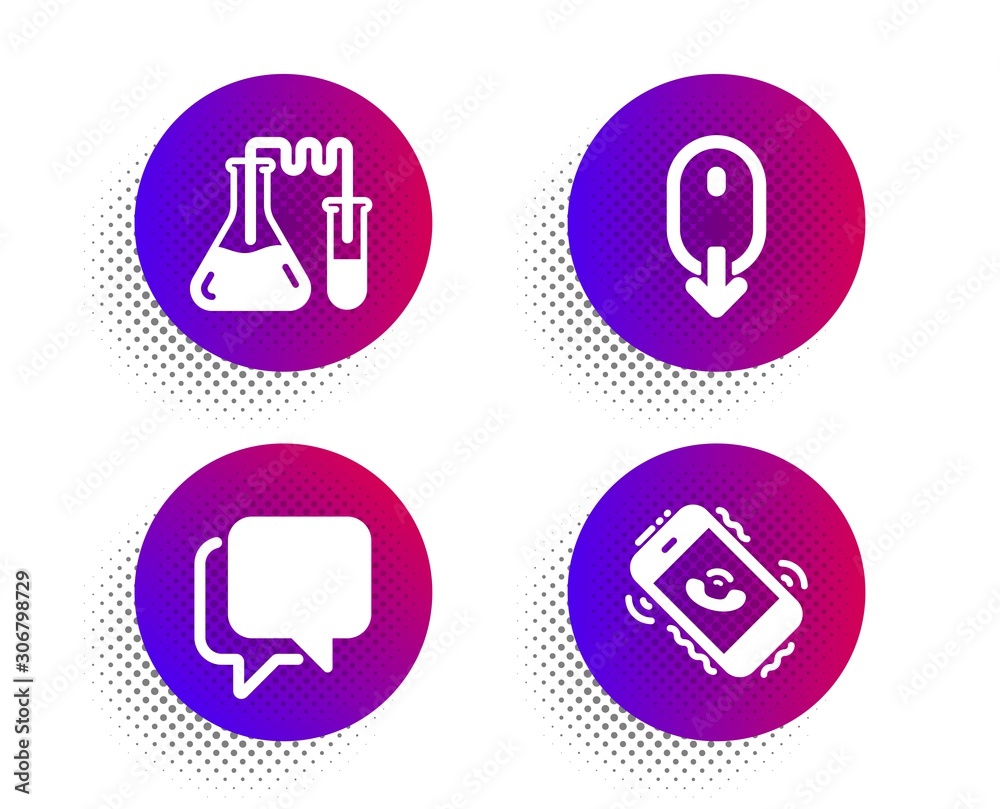 Talk bubble, Scroll down and Chemistry lab icons simple set. Halftone dots button. Call center sign. Chat message, Mouse swipe, Medical laboratory. Phone support. Technology set. Vector Talk bubble, Scroll down and Chemistry lab icons simple set. Halftone dots button. Call center sign. Chat message, Mouse swipe, Medical laboratory. Phone support. Technology set. Vector