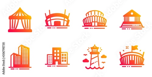 Arena stadium, Lighthouse and Buildings line icons set. Sports stadium, Court building and Circus tent signs. Skyscraper buildings, Arena symbols. Competition building, Beacon tower. Vector