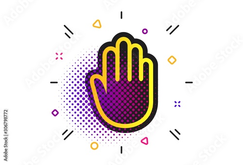 Hand sign icon. Halftone dots pattern. No Entry or stop symbol. Give me five. Classic flat hand icon. Vector