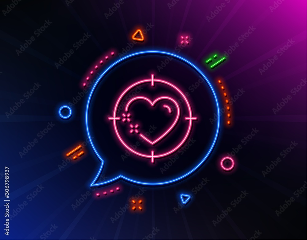 Heart target line icon. Neon laser lights. Love emotion aim sign. Valentine day symbol. Glow laser speech bubble. Neon lights chat bubble. Banner badge with heart target icon. Vector