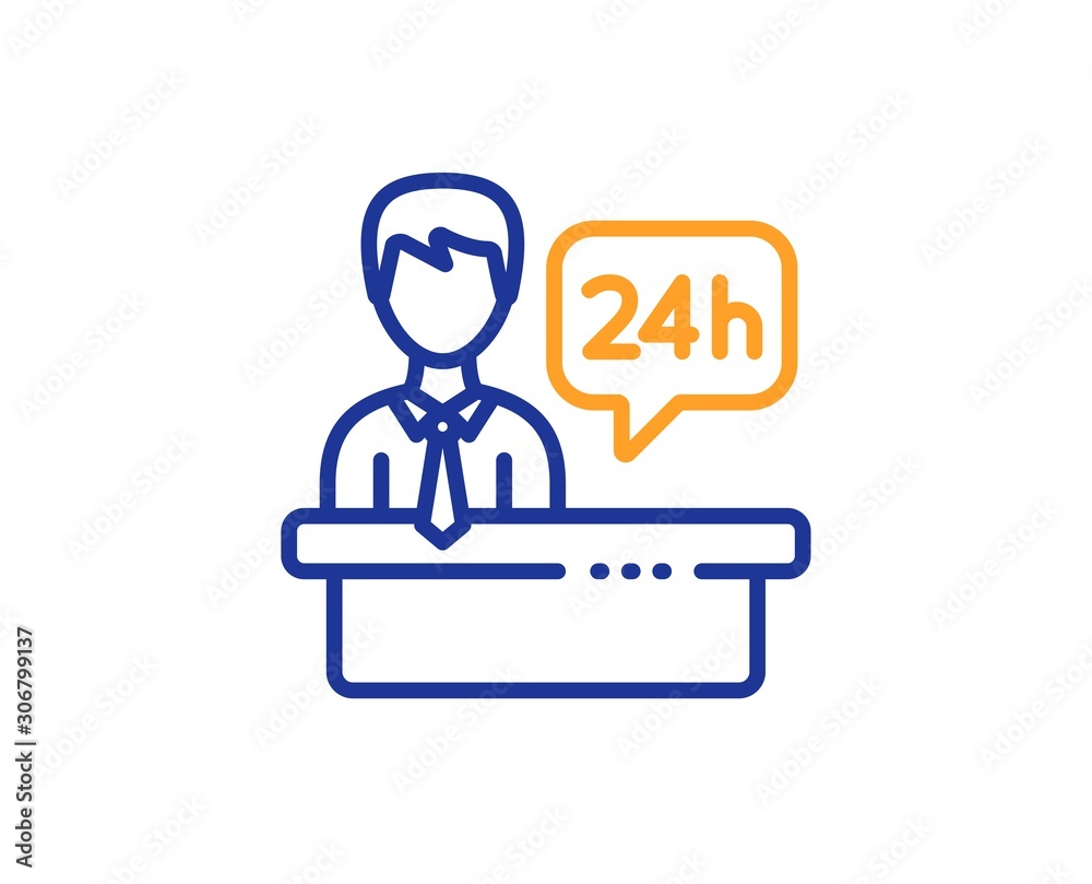 24 hour help sign. Reception desk line icon. Hotel service symbol. Colorful outline concept. Blue and orange thin line reception desk icon. Vector