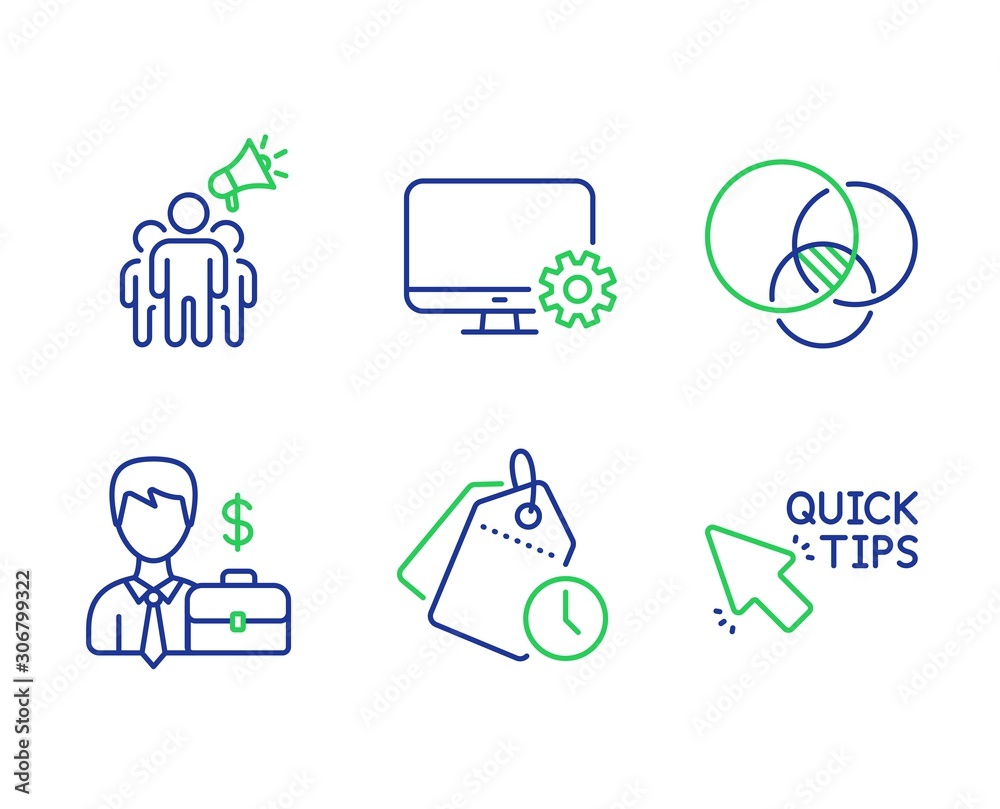 Time management, Euler diagram and Businessman case line icons set. Monitor settings, Brand ambassador and Quick tips signs. Clock tags, Relationships chart, Human resources. Vector Time management, Euler diagram and Businessman case line icons set. Monitor settings, Brand ambassador and Quick tips signs. Clock tags, Relationships chart, Human resources. Vector