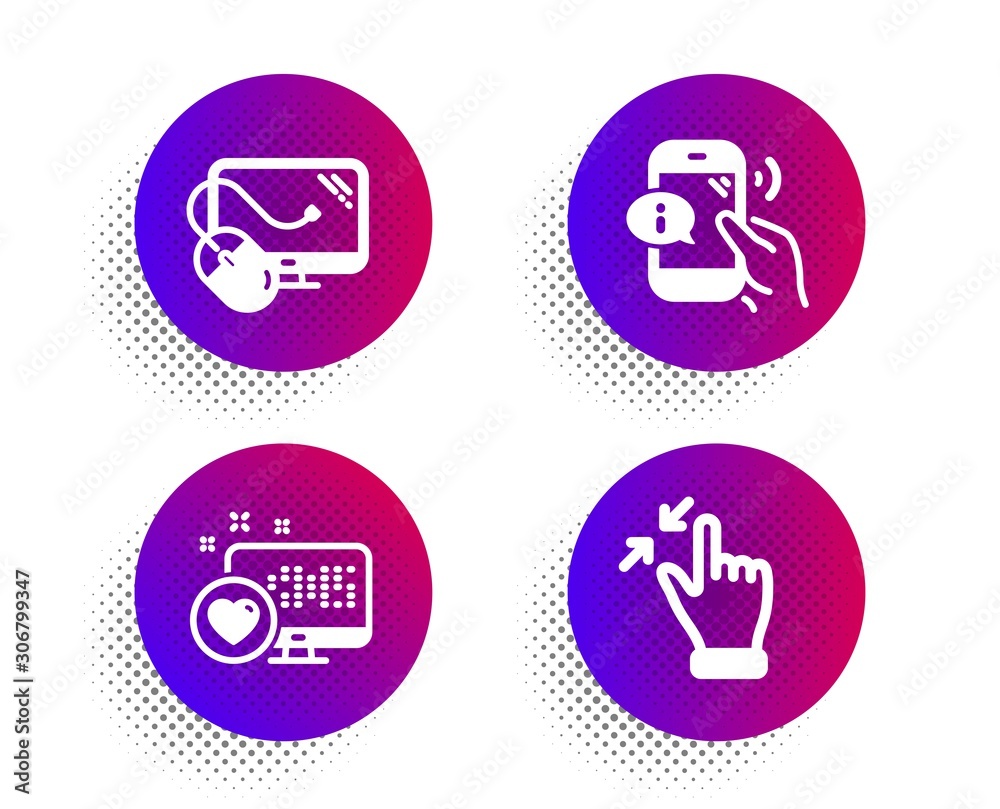 Call center, Computer mouse and Heart icons simple set. Halftone dots button. Touchscreen gesture sign. Phone support, Pc component, Social media. Zoom out. Technology set. Vector Call center, Computer mouse and Heart icons simple set. Halftone dots button. Touchscreen gesture sign. Phone support, Pc component, Social media. Zoom out. Technology set. Vector