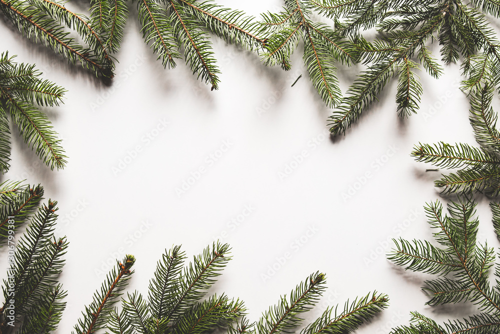 Christmas tree branches border over white background. Christmas tree branches border over white background.