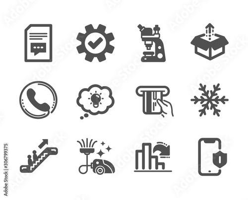 Set of Technology icons, such as Service, Credit card, Energy, Decreasing graph, Smartphone protection, Comments, Call center, Microscope, Air conditioning, Escalator, Vacuum cleaner. Vector