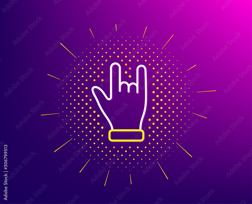 Fototapeta premium Horns hand line icon. Halftone pattern. Two fingers palm sign. Gesture symbol. Gradient background. Horns hand line icon. Yellow halftone pattern. Vector