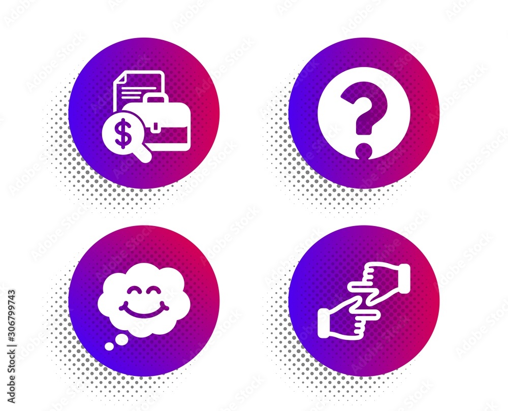 Question mark, Smile and Accounting report icons simple set. Halftone dots button. Click hands sign. Ask support, Comic chat, Financial case. Direction. Business set. Vector Question mark, Smile and Accounting report icons simple set. Halftone dots button. Click hands sign. Ask support, Comic chat, Financial case. Direction. Business set. Vector