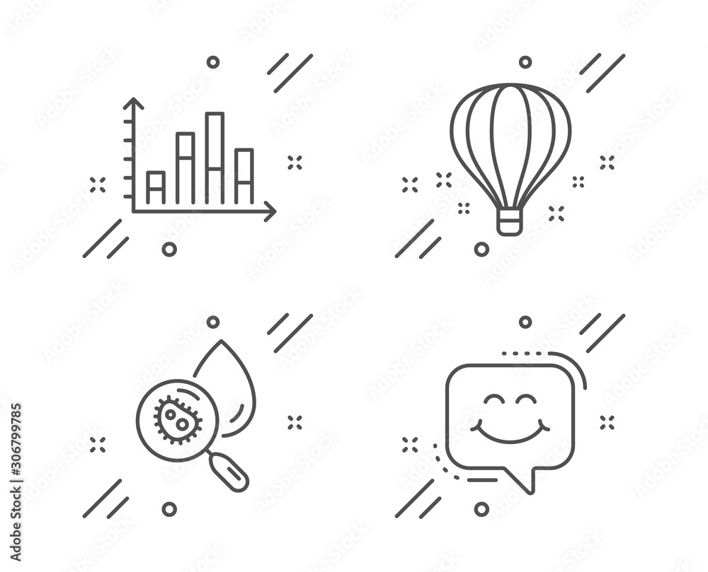 Diagram graph, Air balloon and Water analysis line icons set. Smile chat sign. Presentation chart, Sky travelling, Aqua bacteria. Happy face. Business set. Line diagram graph outline icon. Vector Diagram graph, Air balloon and Water analysis line icons set. Smile chat sign. Presentation chart, Sky travelling, Aqua bacteria. Happy face. Business set. Line diagram graph outline icon. Vector