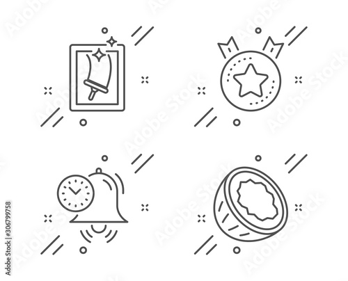 Time management, Window cleaning and Ranking star line icons set. Coconut sign. Alarm clock, Housekeeping service, Winner medal. Vegetarian nut. Business set. Line time management outline icon. Vector