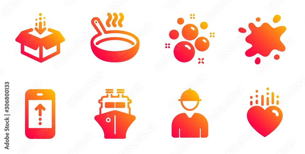 Ship, Clean bubbles and Get box line icons set. Frying pan, Dirty spot and Engineer signs. Swipe up, Heart symbols. Shipping watercraft, Laundry shampoo. Business set. Gradient ship icons set. Vector Ship, Clean bubbles and Get box line icons set. Frying pan, Dirty spot and Engineer signs. Swipe up, Heart symbols. Shipping watercraft, Laundry shampoo. Business set. Gradient ship icons set. Vector