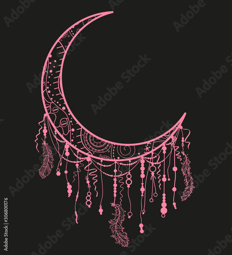 Dreamcatcher on black. Mystic symbol. Abstract hand drawn dreamcatcher
