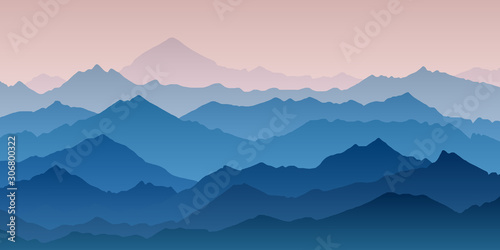 Fantasy on the theme of the morning landscape, sunrise in the mountains, panoramic view, vector illustration