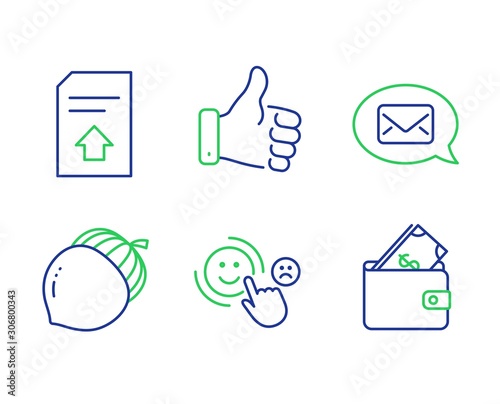 Customer satisfaction, Acorn and Messenger line icons set. Like hand, Upload file and Wallet signs. Happy smile, Oaknut, New message. Thumbs up. Business set. Vector