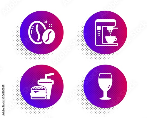 Coffee beans, Coffee maker and Hamburger icons simple set. Halftone dots button. Beer glass sign. Roasted seeds, Tea machine, Burger with drink. Brewery beverage. Food and drink set. Vector