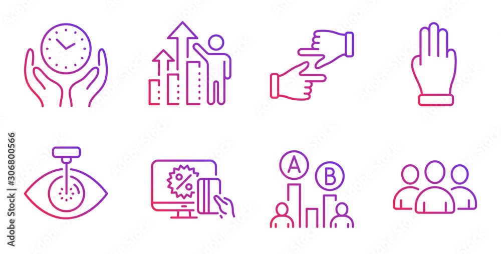 Employee results, Click hands and Three fingers line icons set. Ab testing, Eye laser and Safe time signs. Online shopping, Group symbols. Chart, Direction. People set. Vector