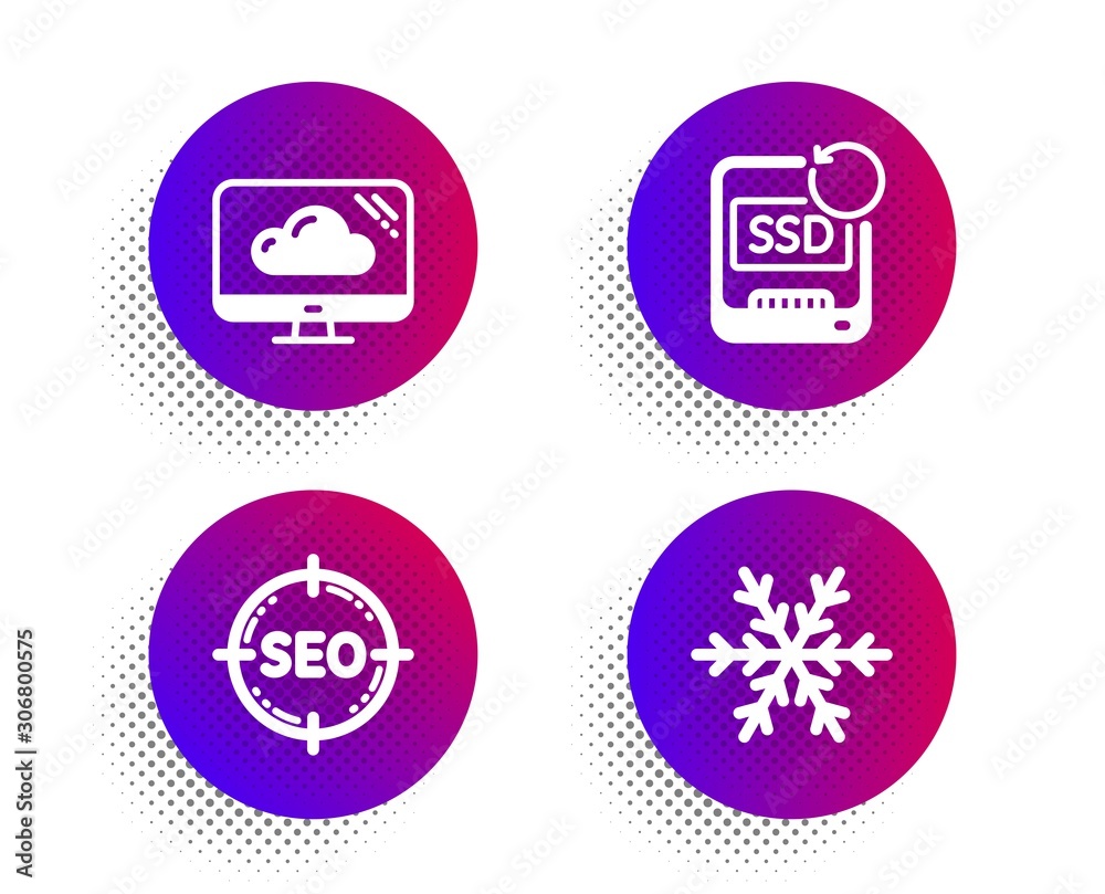 Cloud storage, Seo and Recovery ssd icons simple set. Halftone dots button. Air conditioning sign. Computer, Search target, Backup info. Snowflake. Technology set. Vector Cloud storage, Seo and Recovery ssd icons simple set. Halftone dots button. Air conditioning sign. Computer, Search target, Backup info. Snowflake. Technology set. Vector