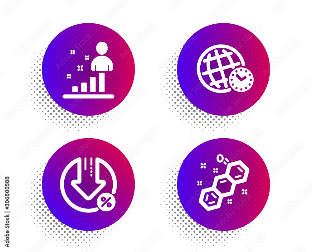 Stats, Loan percent and Time zone icons simple set. Halftone dots button. Chemical formula sign. Business analysis, Decrease rate, World clock. Chemistry. Technology set. Vector