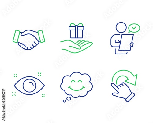 Smile, Employees handshake and Loyalty program line icons set. Customer survey, Health eye and Rotation gesture signs. Comic chat, Deal hand, Gift. Contract. People set. Vector