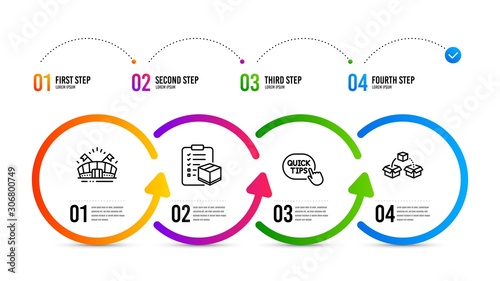 Parcel shipping sign. Infographics timeline. Parcel checklist, Quick tips and Sports arena line icons set. Logistics check, Helpful tricks, Event stadium. Send box. Business set. Vector