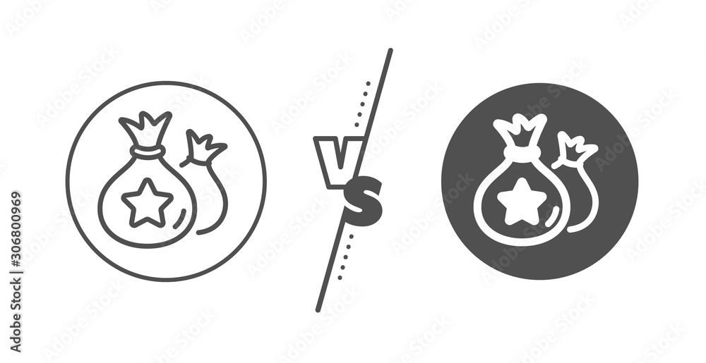 Bonus money bags. Versus concept. Loyalty points line icon. Discount program symbol. Line vs classic loyalty points icon. Vector Bonus money bags. Versus concept. Loyalty points line icon. Discount program symbol. Line vs classic loyalty points icon. Vector