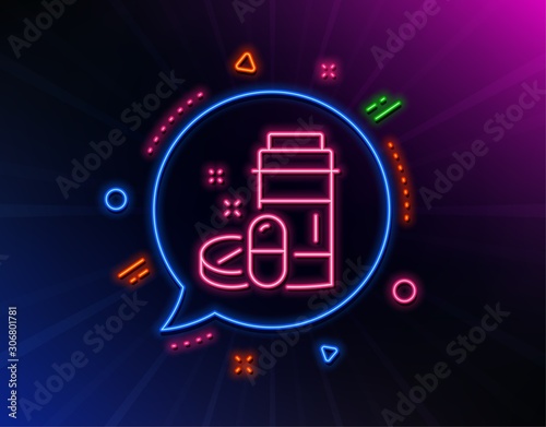 Medical drugs bottle line icon. Neon laser lights. Medicine pills sign. Pharmacy medication symbol. Glow laser speech bubble. Neon lights chat bubble. Banner badge with medical drugs icon. Vector