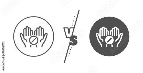 Medicine drugs sign. Versus concept. Medical tablet line icon. Pharmacy medication symbol. Line vs classic medical tablet icon. Vector