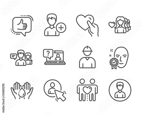 Set of People icons, such as Person, Wash hands, Hold heart, Like, Woman love, Engineer, Face verified, Faq, Friends couple, People talking, Add person, User line icons. Person icon. Vector