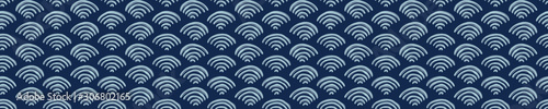 Shibori Wave Shell Fan Banner Background. Tie Dye Indigo Blue Border Texture. Bleached Handmade Resist Seamless Pattern. Watercolor Water Classic Japanese  Ribbon Trim. Vector Repeat Tile Eps 10
