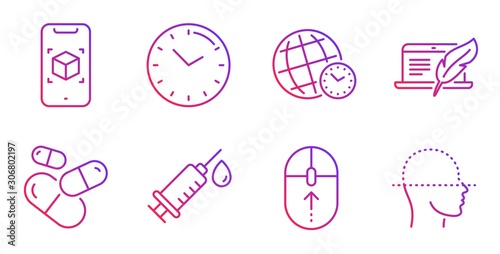 Time zone, Augmented reality and Medical syringe line icons set. Capsule pill, Time and Copyright laptop signs. Swipe up, Face scanning symbols. World clock, Phone simulation. Science set. Vector