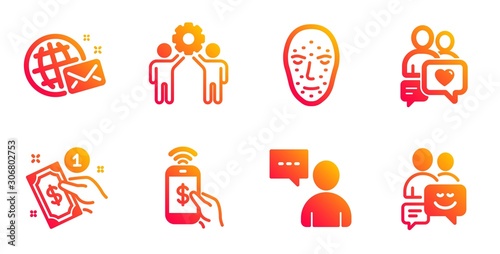 Phone payment, World mail and Payment method line icons set. Users chat, Face biometrics and Dating chat signs. Employees teamwork, Communication symbols. Mobile pay, Give money. People set. Vector