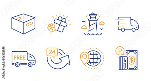 Free delivery, Truck delivery and Gift line icons set. Office box, Lighthouse and 24 hours signs. World travel, Parking payment symbols. Shopping truck, Express service. Transportation set. Vector