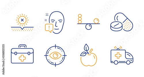 Medical drugs, No sun and Face attention line icons set. First aid, Eco food and Balance signs. Eye target, Ambulance car symbols. Medicine pills, Uv protect. Healthcare set. Vector