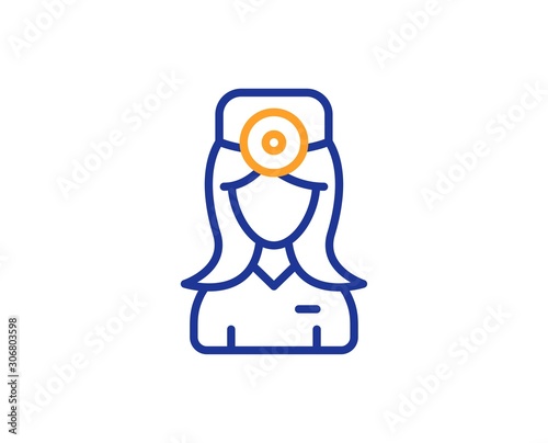 Health eye sign. Oculist doctor line icon. Optometry clinic symbol. Colorful outline concept. Blue and orange thin line oculist doctor icon. Vector