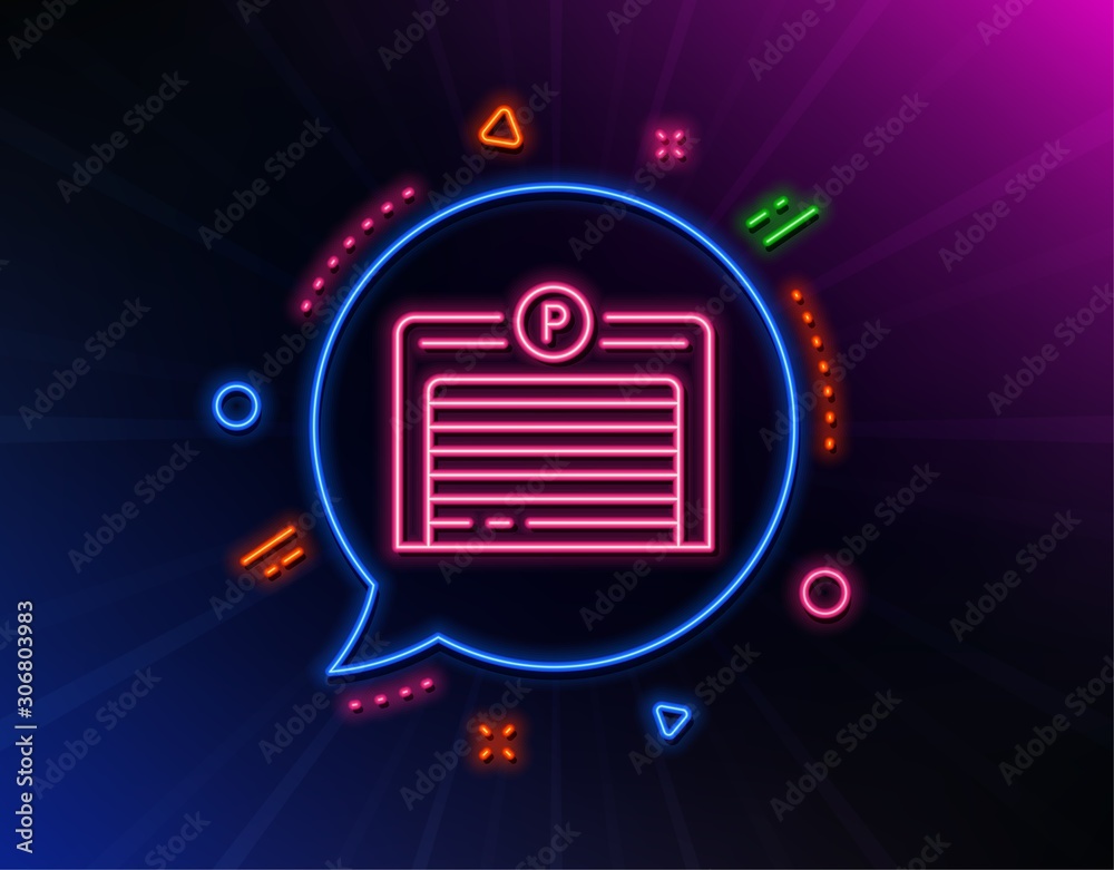 Parking garage line icon. Neon laser lights. Auto park sign. Car place symbol. Glow laser speech bubble. Neon lights chat bubble. Banner badge with parking garage icon. Vector