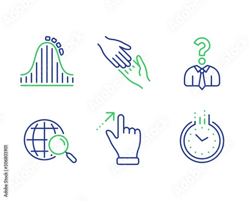Touchscreen gesture, Helping hand and Hiring employees line icons set. Roller coaster, Web search and Time signs. Swipe, Give gesture, Human resources. Attraction park. Business set. Vector